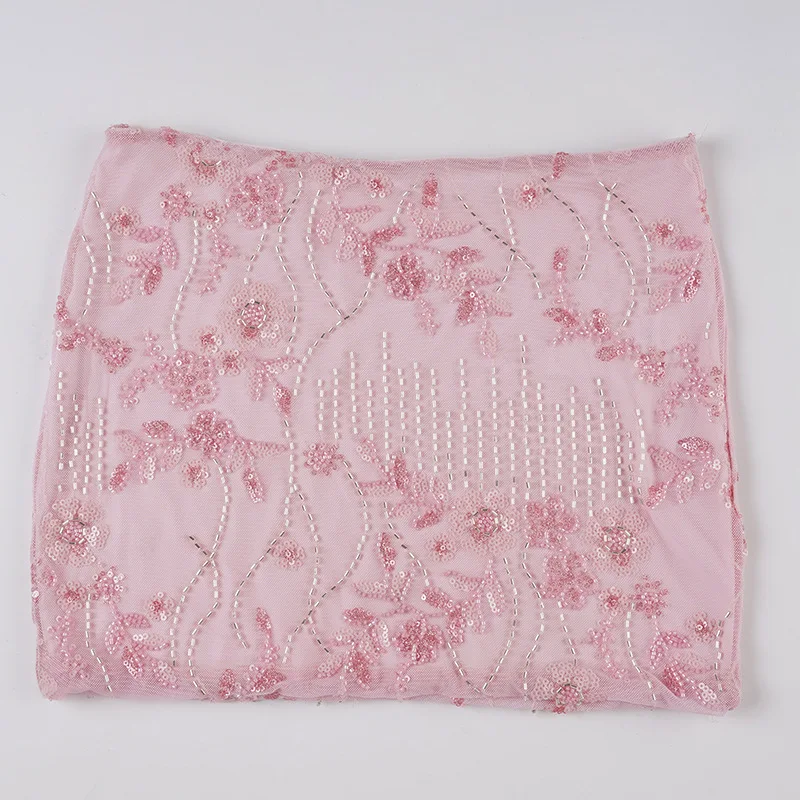 

Sexy Spice Girl Pink Sequined Diamond Embroidered Mesh Skirt Vacation Style Design Hip Wrap A-shaped Skirt