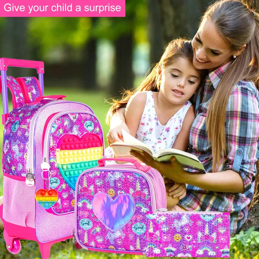 Rolling Backpack for Girls and Boys,Kids Unicorn Dinosaur Bookbag with Roller Wheels, Suitcase School Bag Set