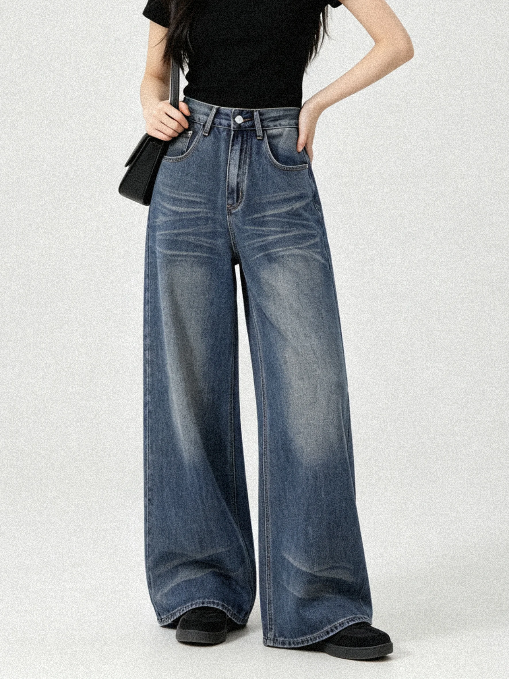Elegant Early Autumn Wide Leg Loose Fitting Slimming Denim Pants Korean Style Draping Bootcut Jeans Versatile Floor-Length