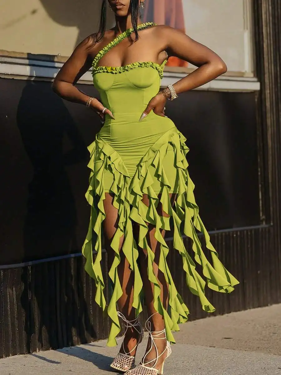 

Lime Green One-Shoulder Ruffle Midi Dress with High Slit and Stretch Fabric