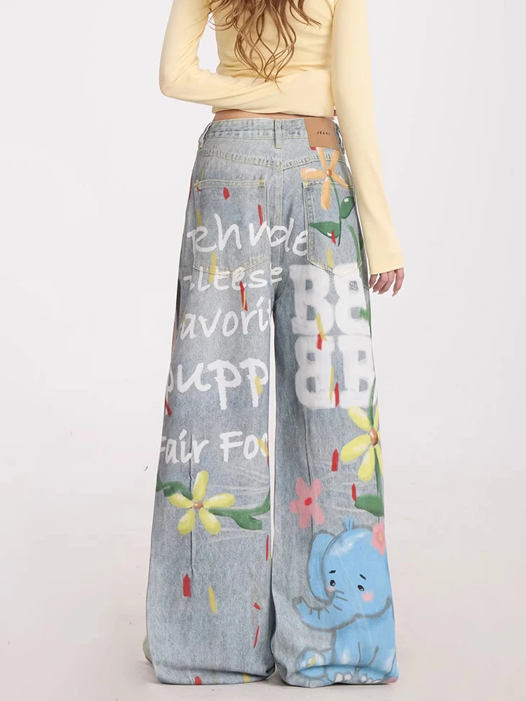 Spring Women Colorful Graffiti Baggy Jeans Cutecore Cartoon Animal Pattern Straight Wide Leg Pants Y2k Vintage Streetwear
