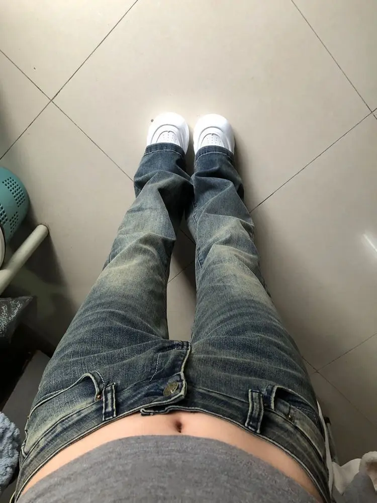 جينز نسائي أمريكي ريترو ربيع الخريف فتاة حار شارع العليا عالية الخصر نحيل واسعة الساق طول الأرض سروال حدوة الحصان