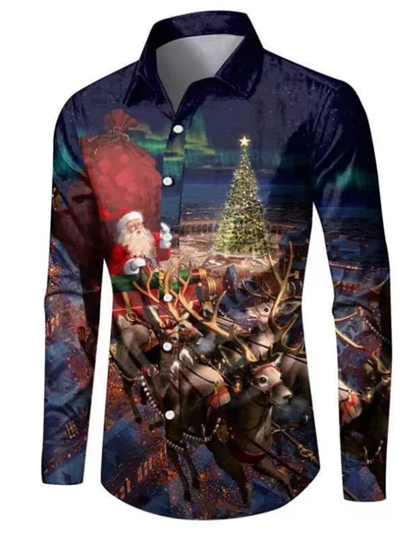 Camisa Masculina Tema de Natal Havaí, Árvore de Papai Noel, blusa retrô casual, manga comprida, impressa em 3D, roupa festiva