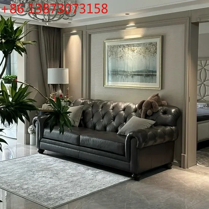 Light luxury modern solid wood buckle living room high-end three-person sofa