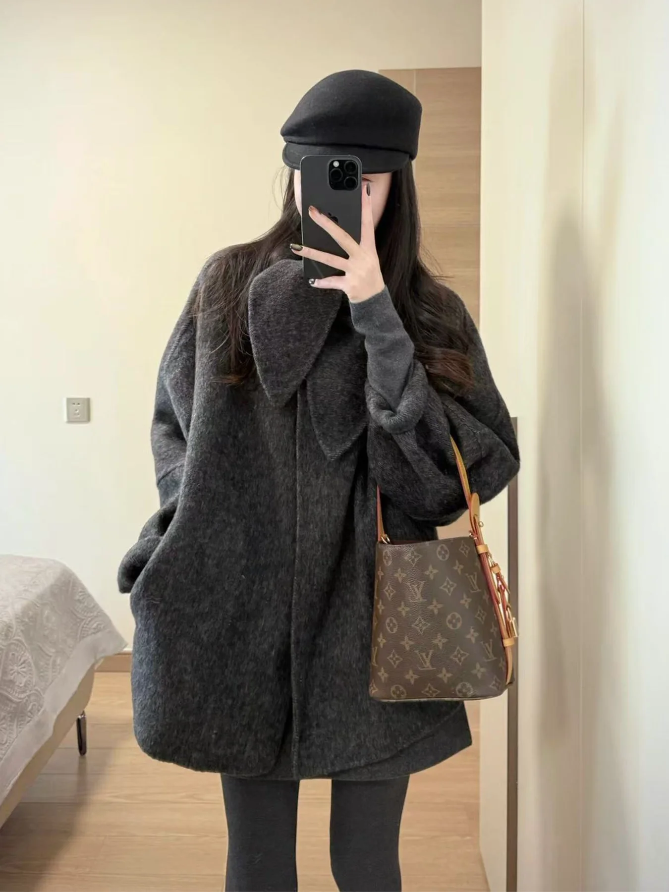 

Deep ey Woolen Coat Women's Winter Large Size Loose Korean Sle Scarf Collar High-End Feelings Coat Retro Button Pure Color