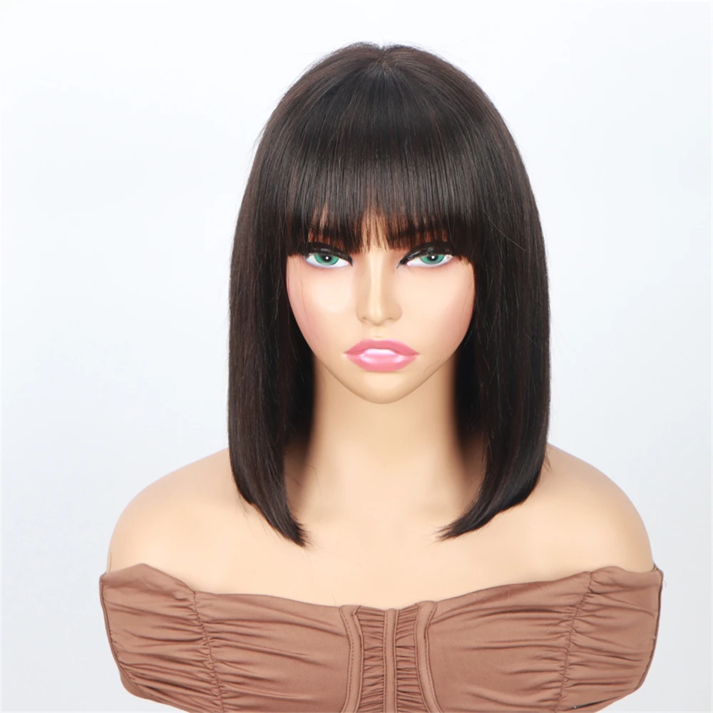 

Yaki Straight Bob Wig with Bangs Human Hair 200% Density 10 inch Natural Black Short Bob Wigs Human Hair With Bangs Glueless