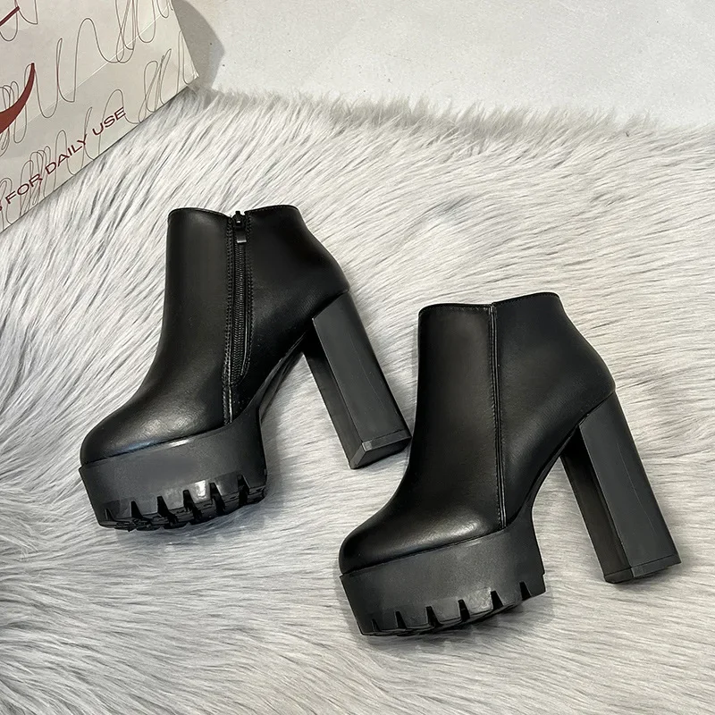 Gdgydh Fashion Black Ankle Boots For Women Thick Heels Spring Autumn Flock Platform Shoes High Heels Black Zipper Ladies Boots