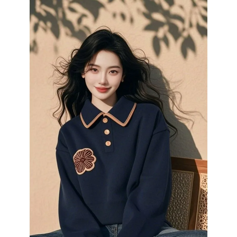 Frühling und Herbst Pullover Kontrast Farbe Casual Revers Pullover frauen Polo Kragen Lose Langarm Mode Top