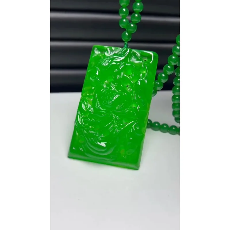 Certified Natural high Ice Green Jade Jadeite Hollow out  Pendant&Necklaces Flowers Bloom and Wealth