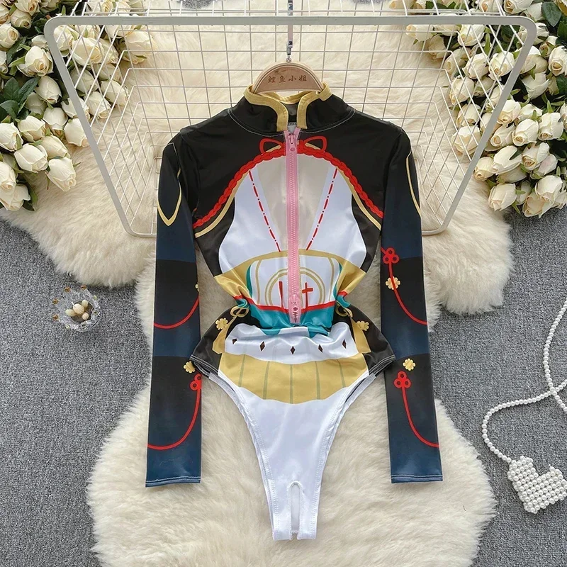 CosplayFermeture éclair mince à manches longues Bodycon erótico impressão corpo femmes col montant Espartilho combishorts Lingerie bar