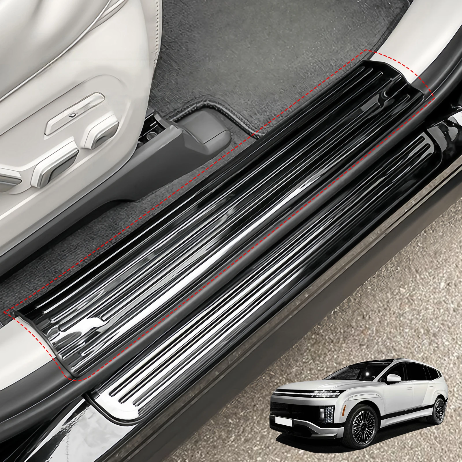 Stainless Steel Black 4pcs Inner Door Sill Scuff Plate+4pcs Outside Threshold Guard Protector Cover For Hyundai IONIQ 9