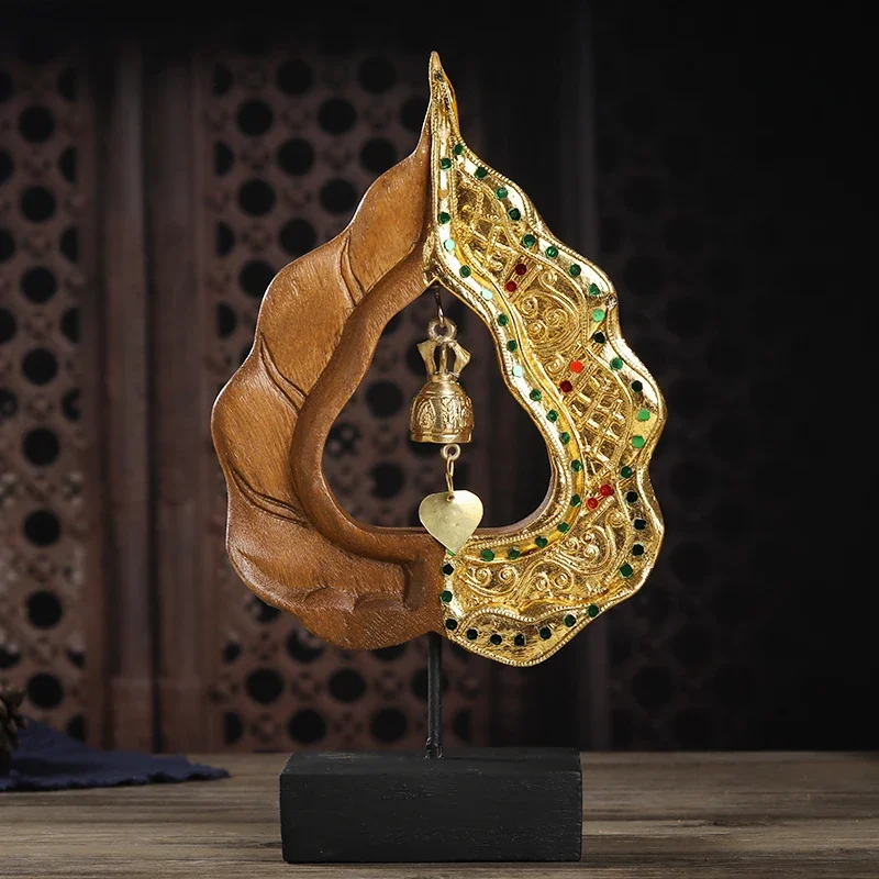 Thai Handmade Bodhi Leaf Wood Carving, Zen Tea Room Ornament, Living Room Bell Decoration, Home Decoration