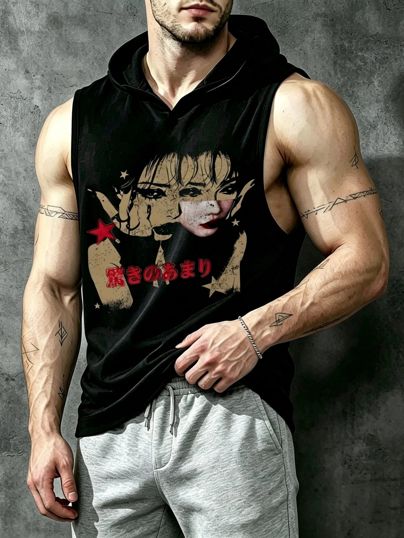 Vintage Japanese Girl Portrait Red Star Graphic Sleeveless Hooded Tank Top Unisex Grunge Kanji Print Dark Aesthetic Harajuku Streetwear Sleeveless Hood Tank For Men Women