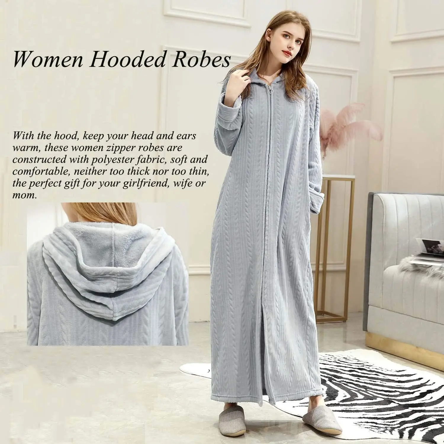 Long Hooded Zipper Bathrobe for Womens Flannel Fleece Robes Winter Warm Housecoat Nightgown Sleepwear Pajamas