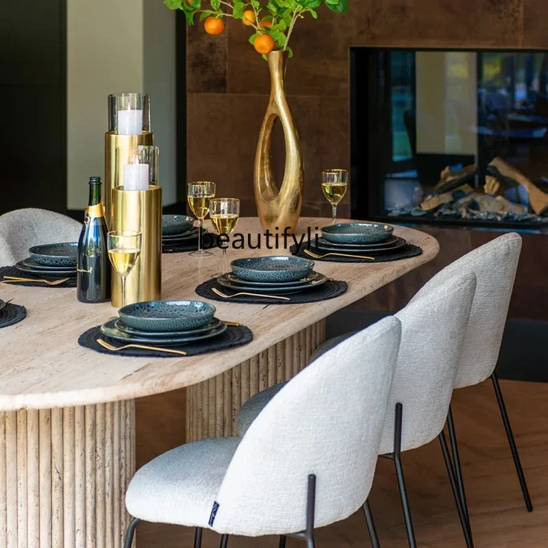

French Cream Light Luxury Marble Oval Dining Table Wabi Sabi Roman Travertine Home Restaurant