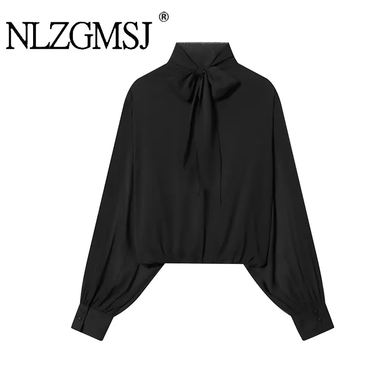 Nlzgmsj 2026 Neue Frauen bluse Fliege Gebunden Bluse Frau Tops Dame Kreuz Zurück Lange Hülse Lose Elegante Blusen Top