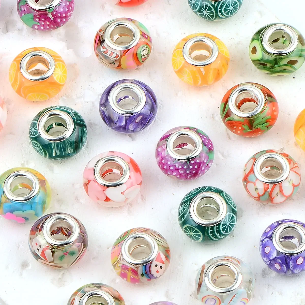 0.8x1.4cm 15pcs Random Color Mix Polymer Clay Fruit Slices Big Hole Acrylic Beads For Jewelry Making DIY Bracelet Accessories