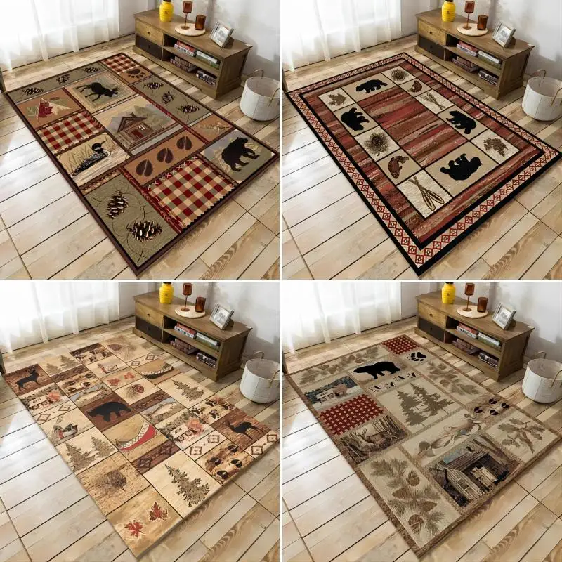 Rustic Style Bear Deer Carpet Living Room Decor Bedroom Dirt Resistant Non-slip Area Rugs Washable Home Coffee Table Floor Mat