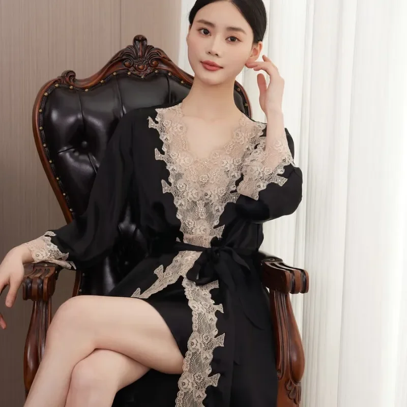 

100% шелковое кимоно шелковицы и шелковая ночная рубашка, пижамные комплекты, сексуальный халат из чистого шелка с кружевной отделкой, халат с платьем