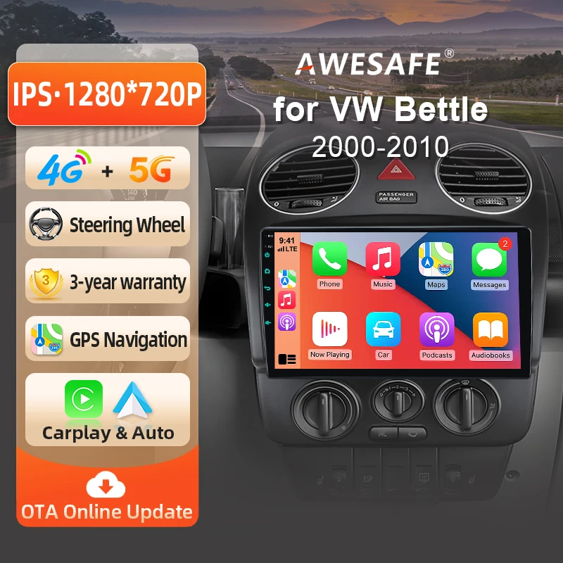 Autoradio Android AWESAFE 9 pouces pour VW Volkswagen Beetle 2000 2001-2011, CarPlay sans fil et Android Auto, navigation GPS, support multimédia, commande au volant, amplificateur de subwoofer, caméra arrière avec CAN-BUS, prise EU, Plug and Play, autoradio numérique DAB+, autoradio 2 DIN