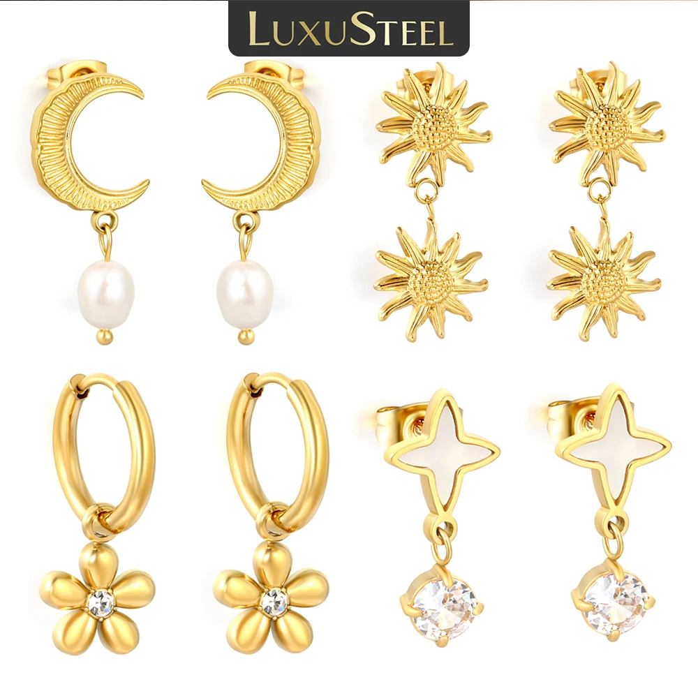 LUXUSTEEL Flower 2PC/1pair Cubic Zirconia Drop Earring for Women Stainless Steel Chunky Imitaiton Pearl Hoop Earrings Jewelry