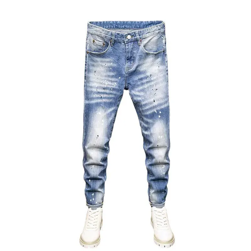 Street Fashion Men Jeans Retro Light Blue Stretch Skinny Fit Ripped Jeans Men Painted Designer Hip Hop Vintage Denim Pants