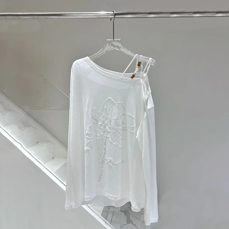 

Высококачественная женская футболка Long Sve, свободная посадка, универсальная белая футболка с овальными плечами для осеннего сезона, повседневная одежда