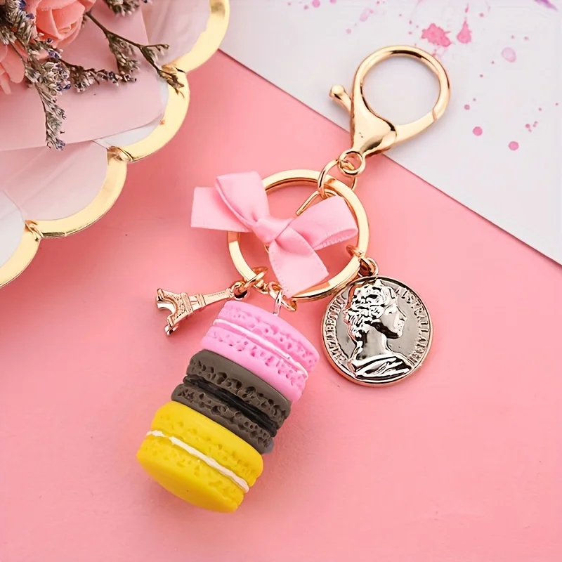 [Chic Elegance] Chic Macaron Cake Keychain with Pink Bow - Alloy, Silicone, Women's Fashion Accessory for Bags & Phones, Ideal Christmas Gift