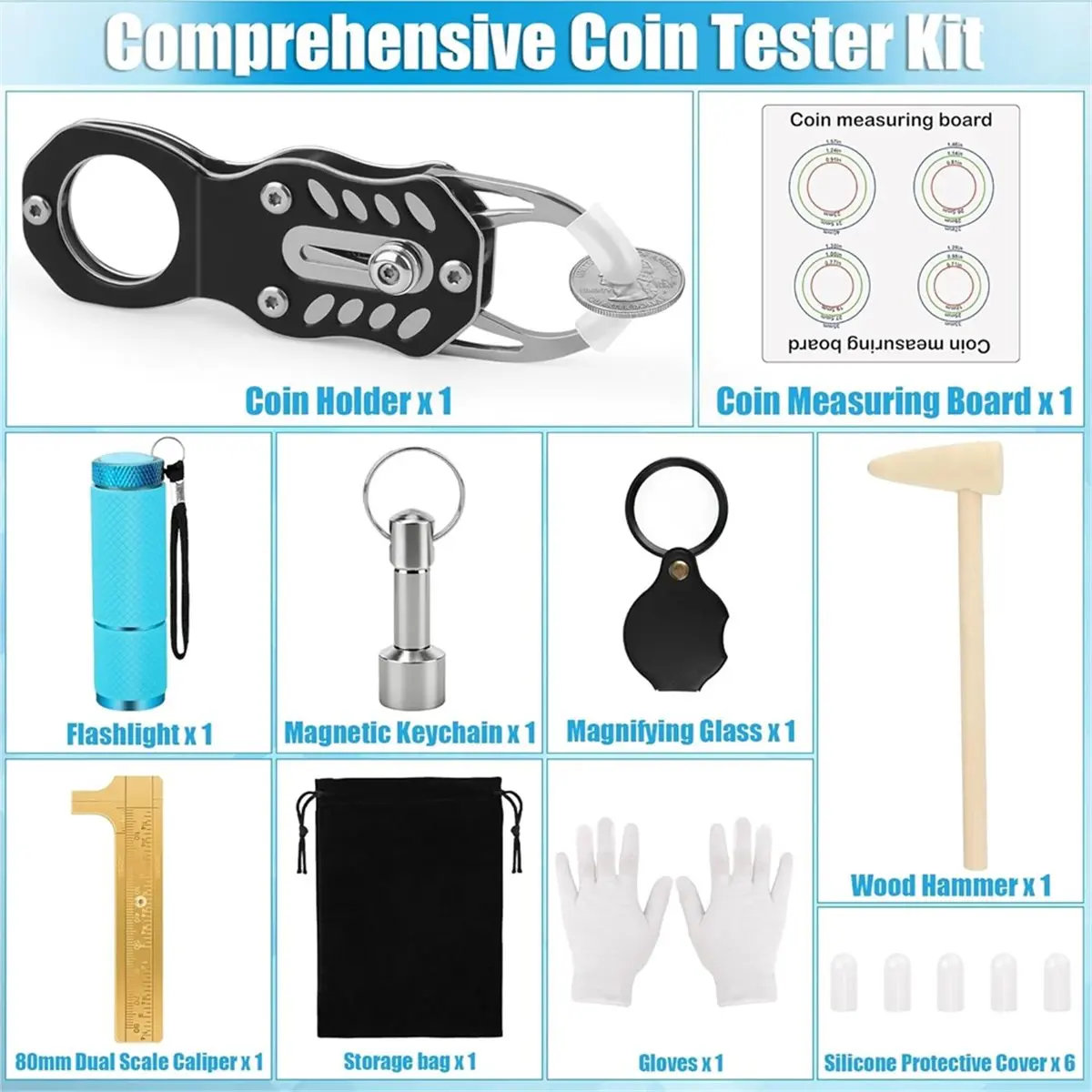 Silver Coin Tester Kit, Gold Testing Kit,Include Coin Holder, Magnifier, Magnetic Clasp, Calipers, Measuring Mat