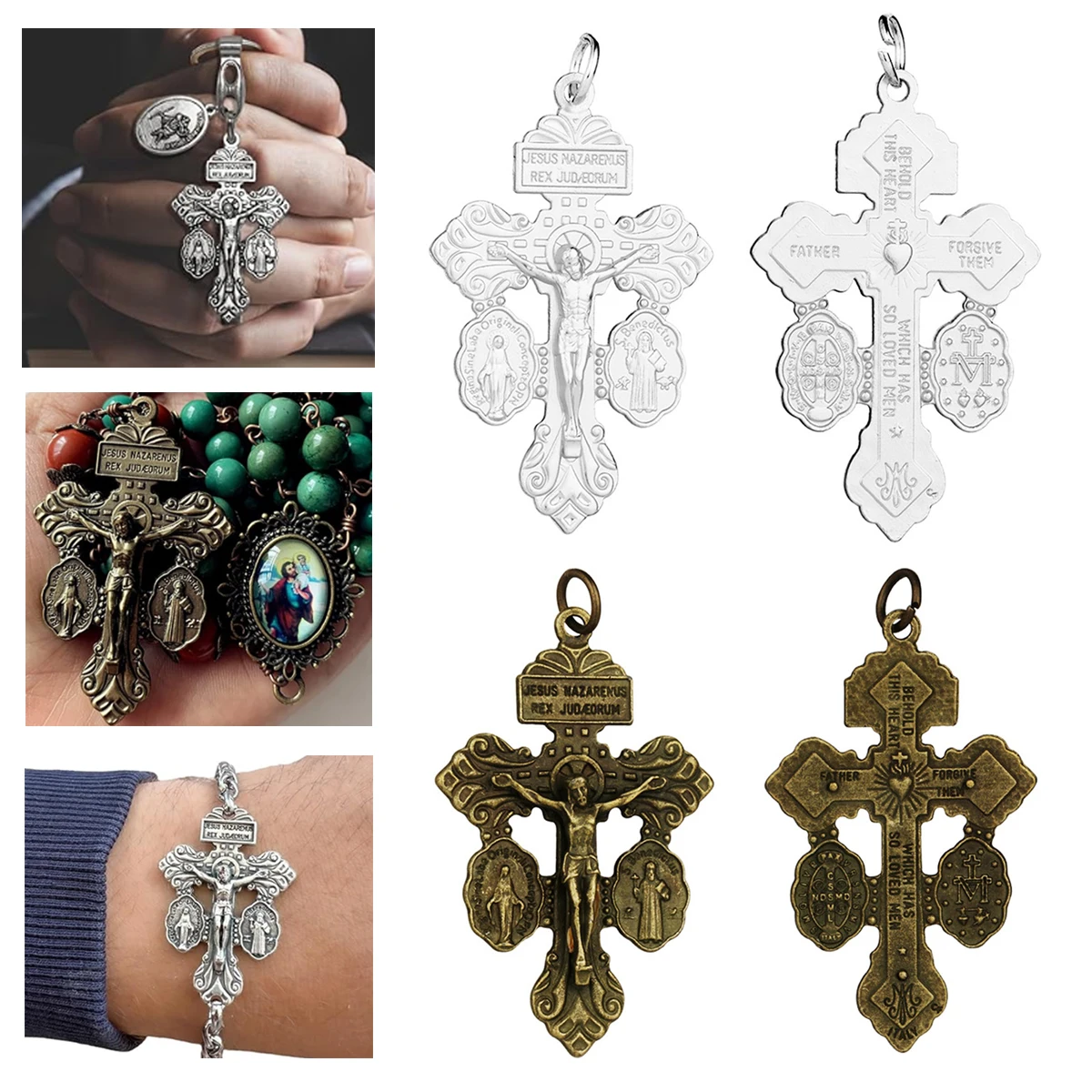 Diyalo 10Pcs Pardon Crucifix Jesus Christ Medalla Milagrosa Pendent Catholic Exorcism St. Benedict Medal DIY Rosary Ornament