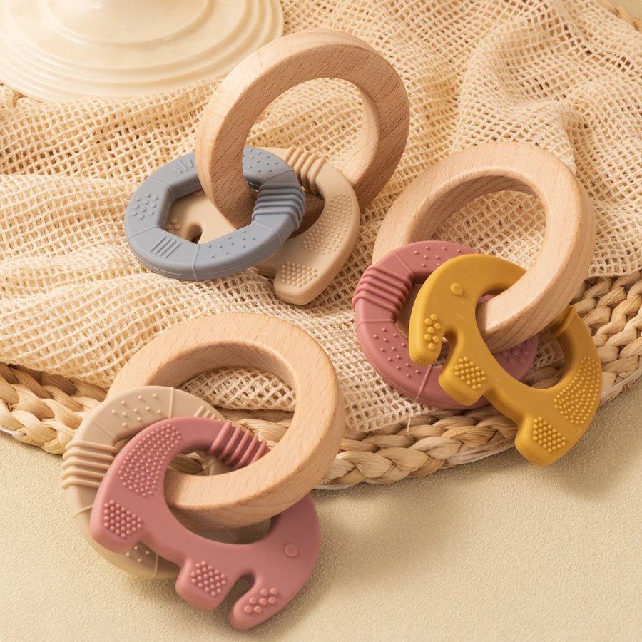 1PC Silicone Teether Baby Toy Elephant Shape Wooden Teether Ring Kid Gift BPA Free Children Goods Kid Teething Chewing Toy