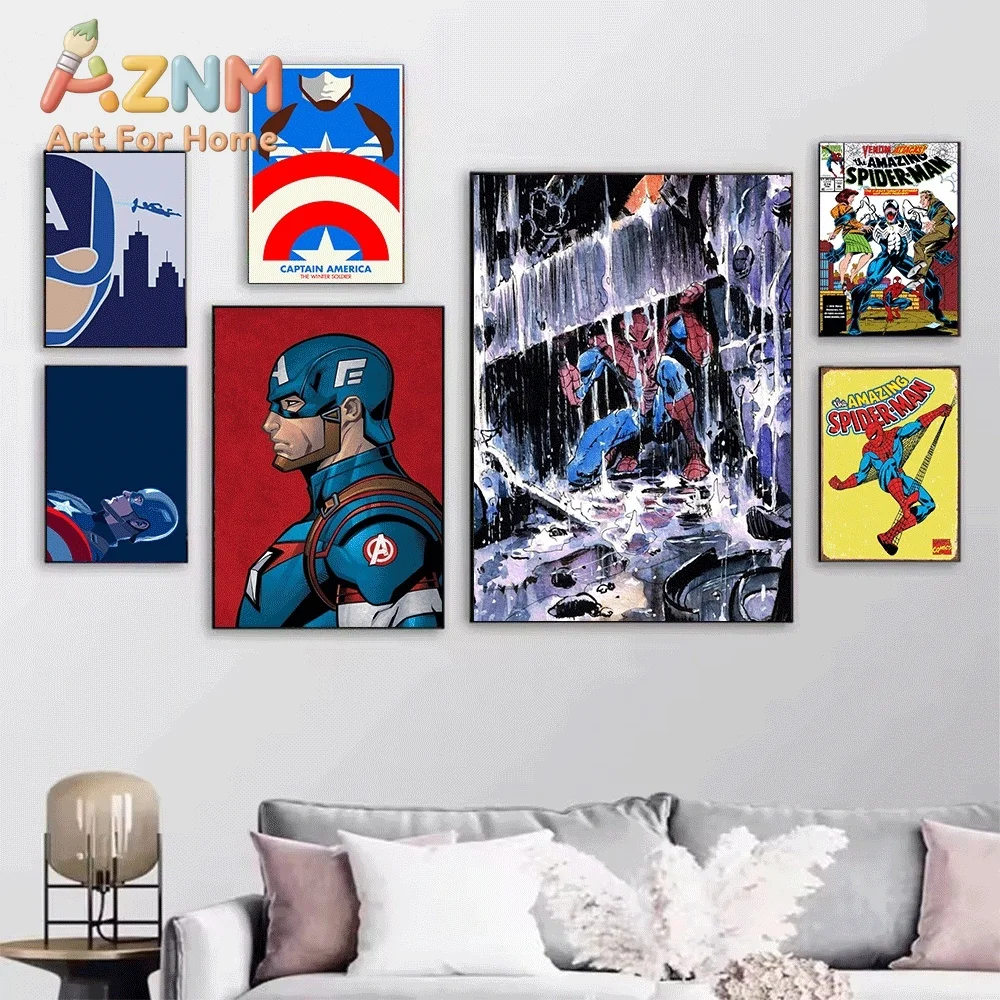 Spider Man Captain America Marvel Superhero Canvas Wall Art No Frame Canvas Painting Vintage Comic Poster Home Bedroom Living