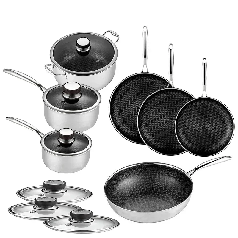 13 Pc HexClad Hybrid Cookware Set W/ Lids Stainless Steel Wok Kitchenware 3-ply Stainless Steel honeycomb Non Stick Cookware Set