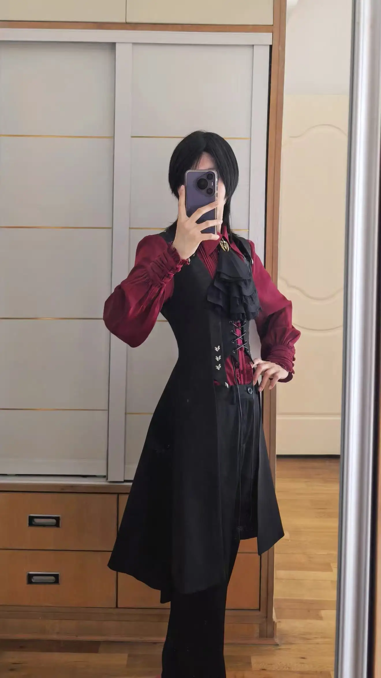 

Burgundy Puff Long Sleeve Shirt Black Shorts Red and Black Retro Dark 2026 Lolita Medieval Stylish Slim Long Vest Palace Style