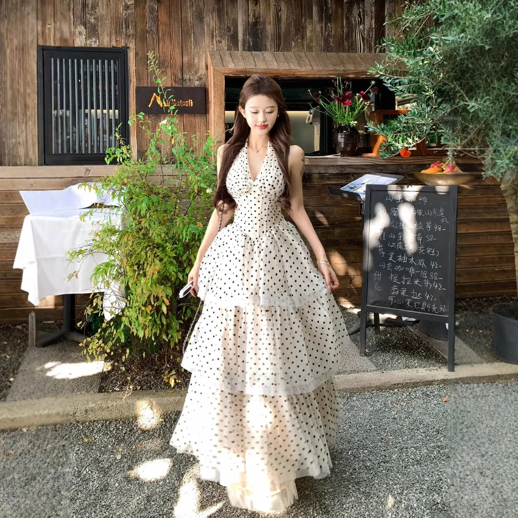 

Fashionable Women's Dress Spring and Summer Korean Version Super Fairy and Beautiful Hanging Neck High Waist and Long Skirt