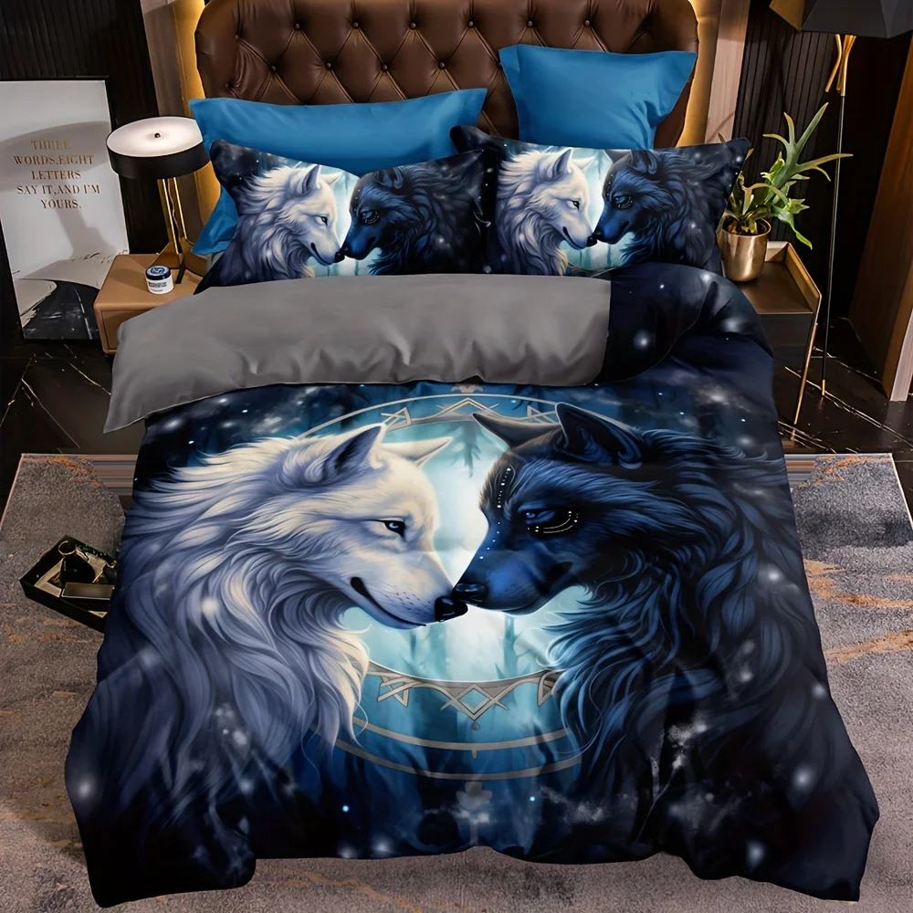 Wolf Pattern Duvet Cover Set-Animal Print Breathable All-Season Zipper Closure, Woven Sanded Polyester Fabric, Digital Printing