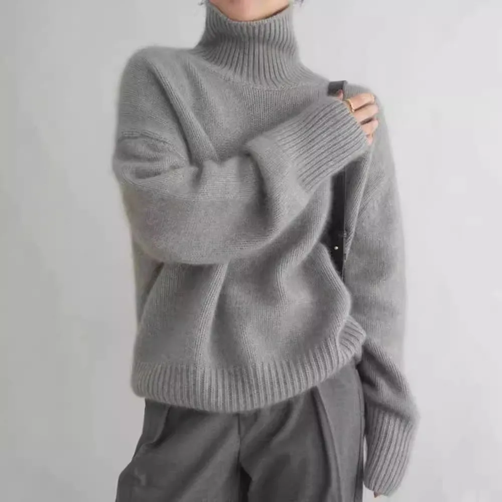 Loose Fit Pullover Sweater Office Chic with Single Turtleneck Long Sleeve Thick Heat Set Standard Length Spring Women Sweater