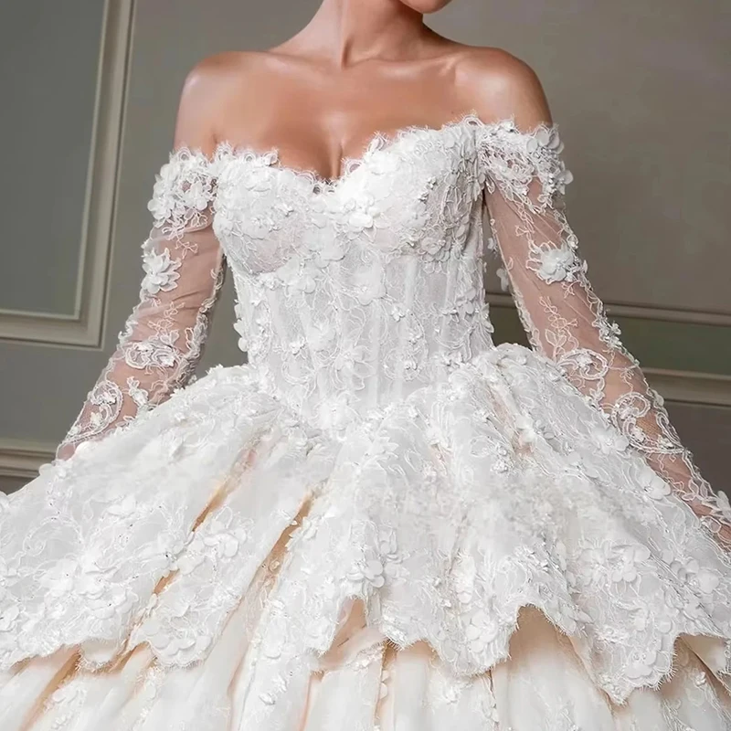 Elegant Off the Shoulder Wedding Dresses Long Lace Sleeves  White Church Weddings Bridal Dress A-line Ruffled Ball Gown