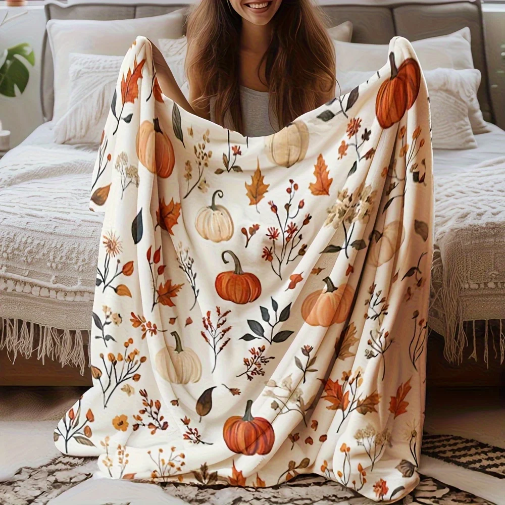 1pc Four Seasons Flannel Blanket - Soft And Comfortable Autumn Pillow, Pumpkin, Leaf And Floral Print Orange, Beige, Brown - Lig