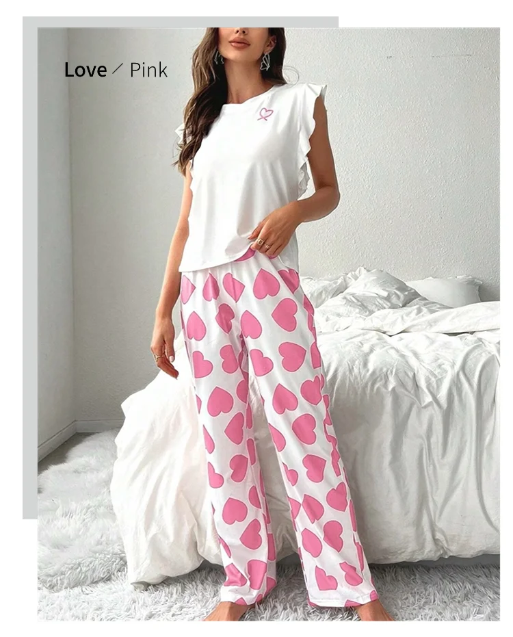 Herz & Brief gedruckt Damen Pyjama Pj Set weiche Kurzarm Tops & elastische Taille Hosen Pyjama Pijama Femme Casual Home Kleidung – Detail 8
