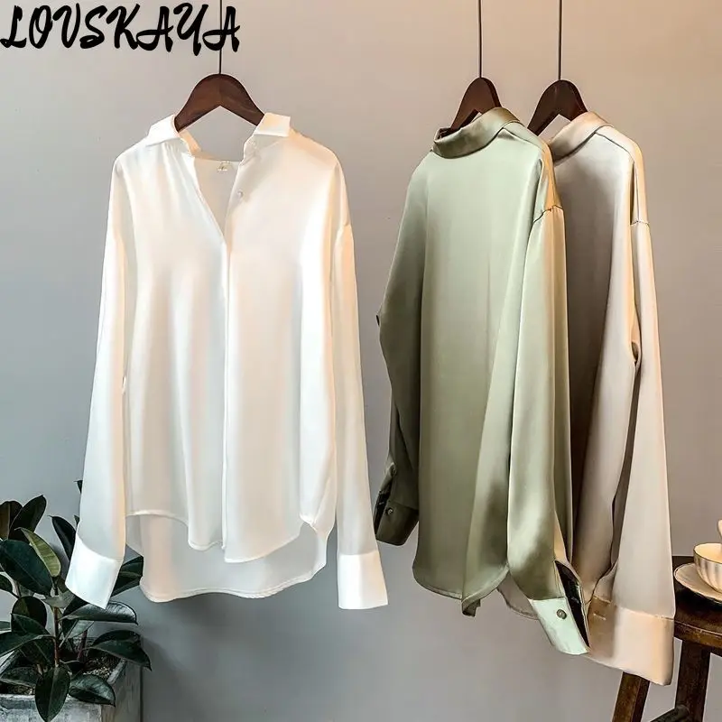 Vielseitige drapieren Retro Hong Kong Stil Shirt Top lang ärmel ige Satin Shirt weibliche Design Sinn Nische Frühling neuen Stil