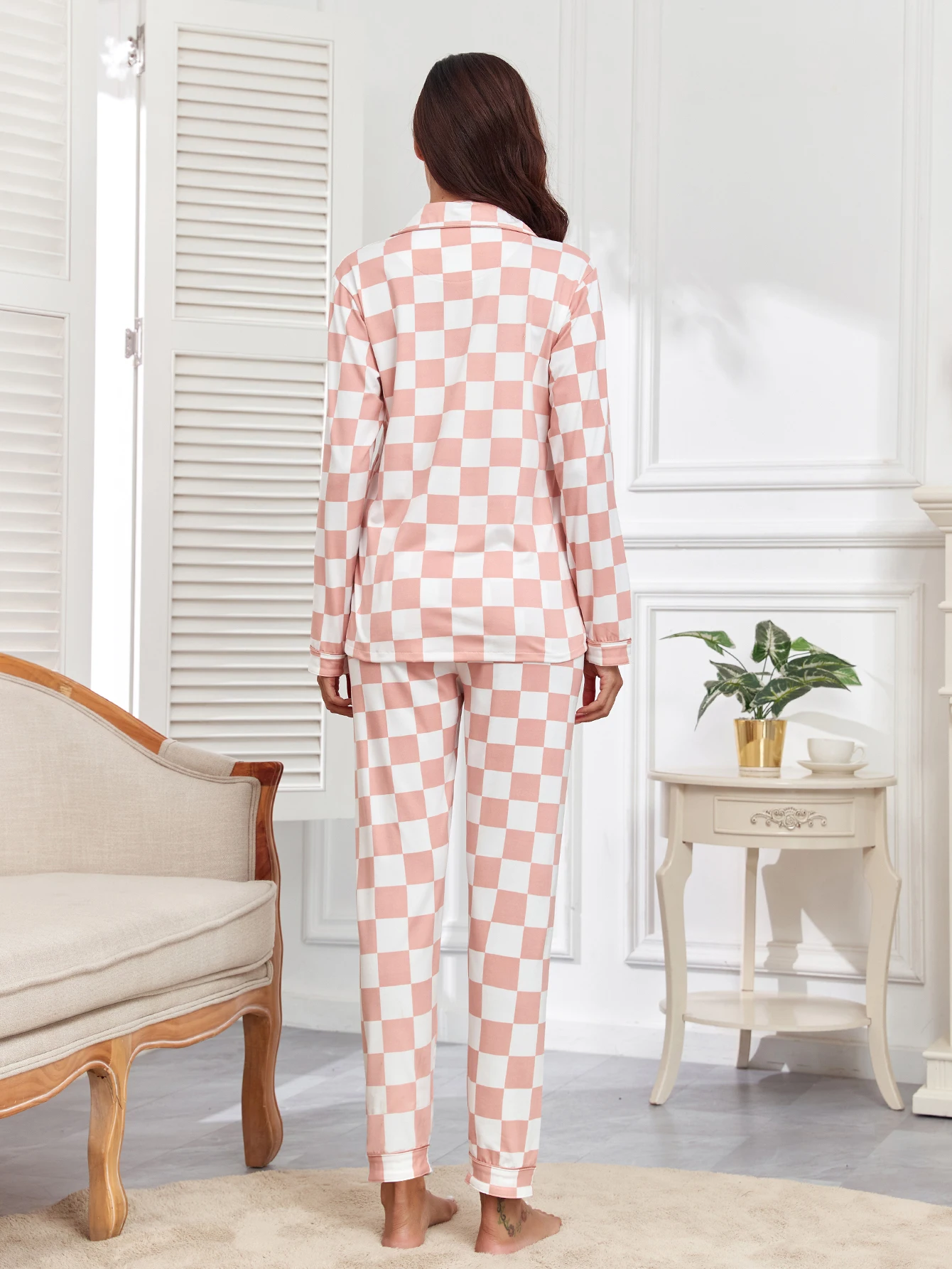 RONGTAI Womens Checkered pajama set long sleeved cardigan cotton-like home clothing Two-Piece Nightwear Sleepwear