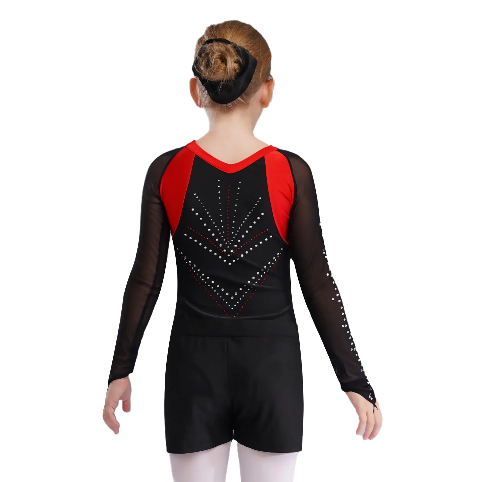 Set da allenamento per ginnastica per balletto per bambina, completo sportivo, body in rete trasparente a maniche lunghe con strass, con pantaloncini e copricapo