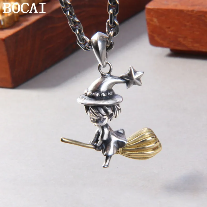 BOCAI New S925 Sterling Silver Vintage Cartoon Witch Flying Magic Broom Pendant Women's Selected Gift