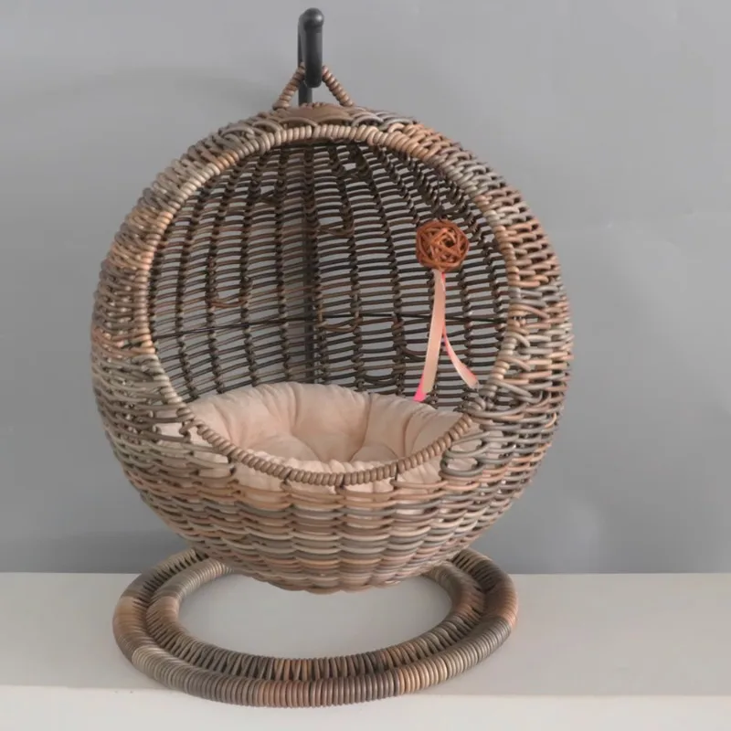

Hanging Rattan Cat Bed with Removable Cushion Semi-Enclosed Pet Hammock for All Seasons Breathable Summer Cat House Kitty Villa