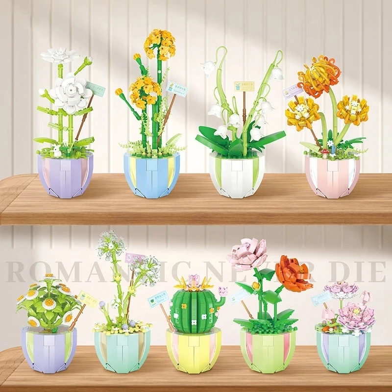 Beautiful flower potted office Home Creative decoration Boys Girls Mini building blocks Birthday Valentine Christmas gifts