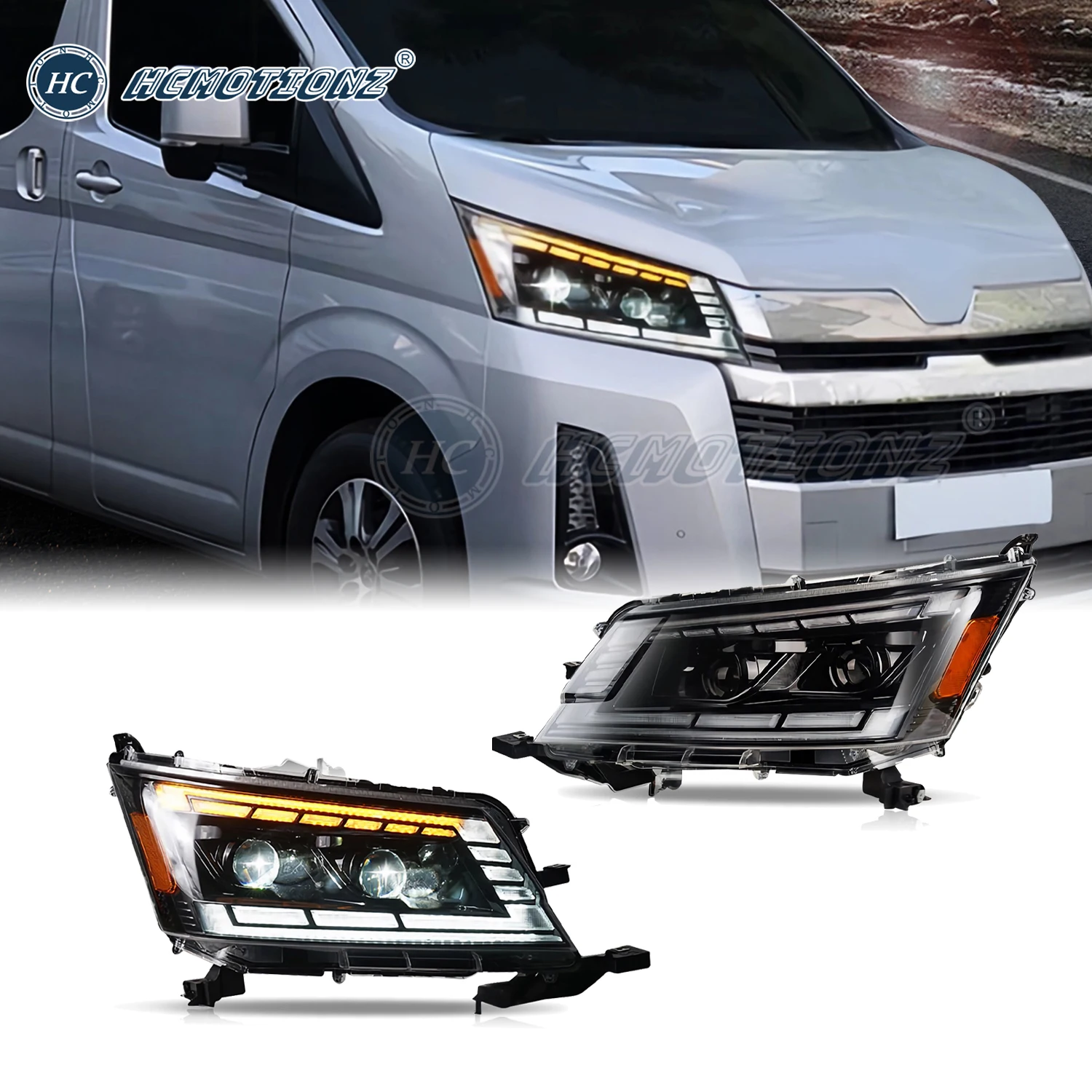 

HCMOTIONZ Full LED Headlights for Toyota Hiace 2019-2023 DRL Start UP Animation Projector Front Lamps Assembly