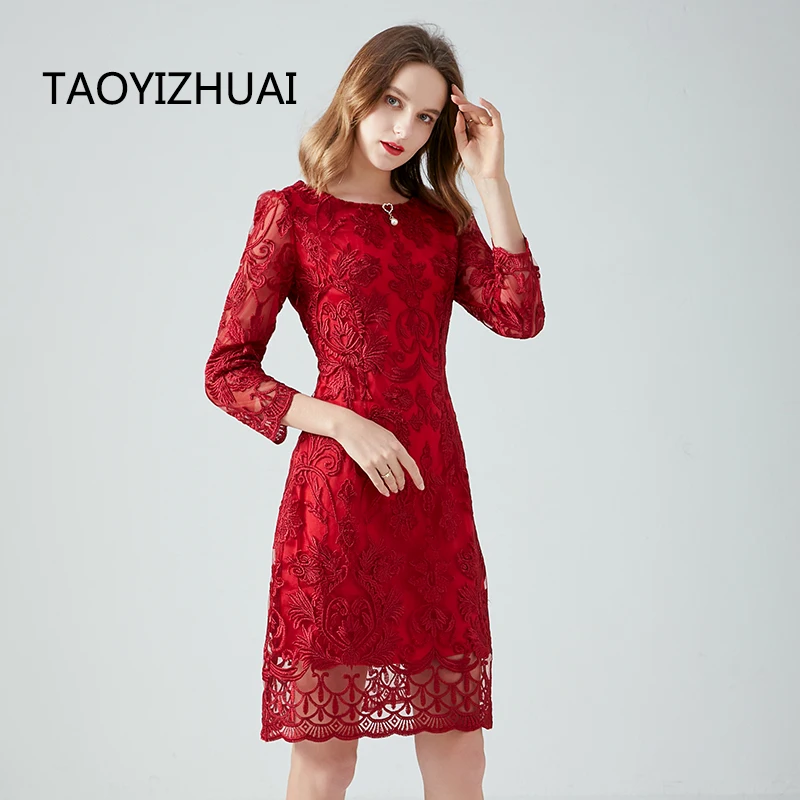 Red Lace Dress Women's Large Brand Embroidery High End Temperament Spring and Autumn New Small Mom Wedding Dress Versatile Skirt