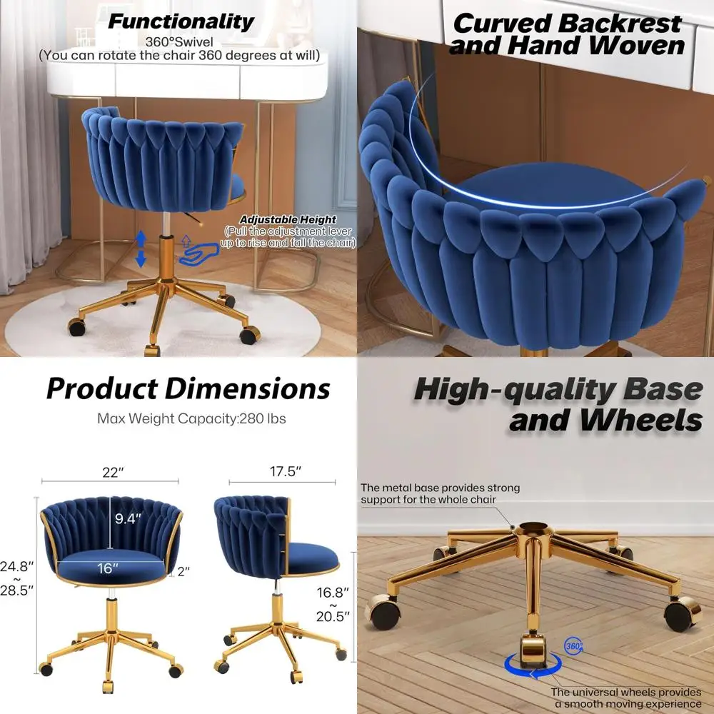 

Темно-синий вращающийся настольный стул с колесиками, регулируемая по высоте для домашнего офиса, туалетный столик с золотой основой для небольших помещений