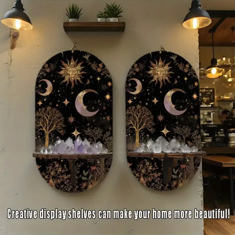 Bohemian Black Golden Star And Wall Shelf - A Floating Shelf Made of Artificial Wood Featuring Hinges, Designed for